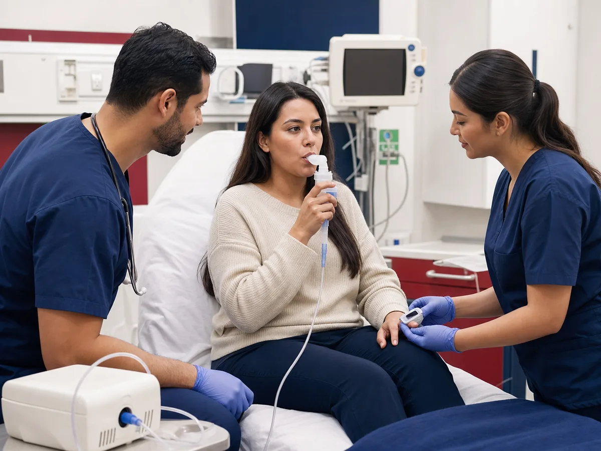 Medical team providing emergency asthma treatment and respiratory testing