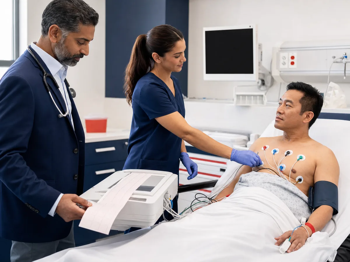 Emergency team performing an EKG during a cardiac evaluation