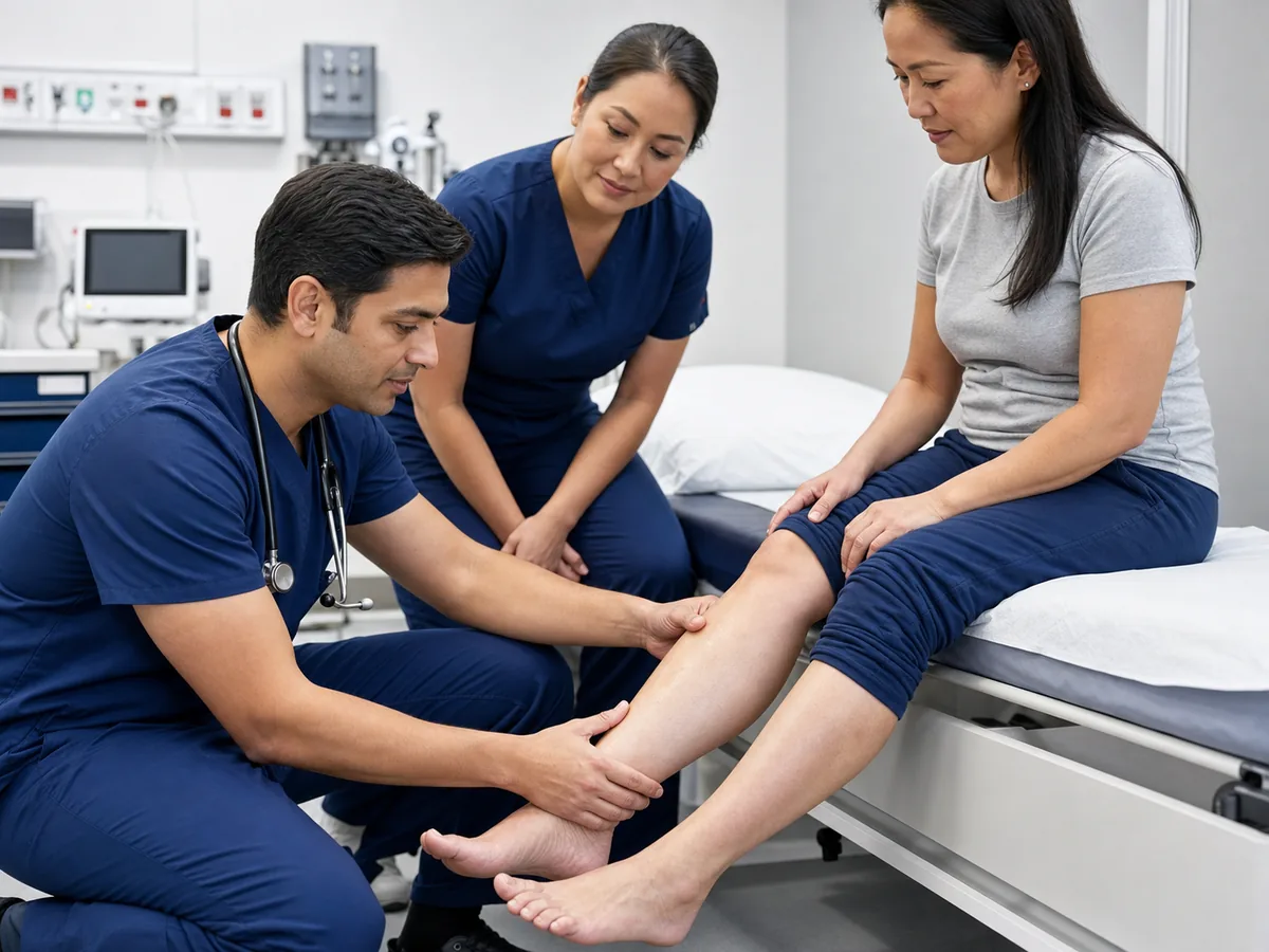 Emergency physician examining a patient for possible DVT symptoms