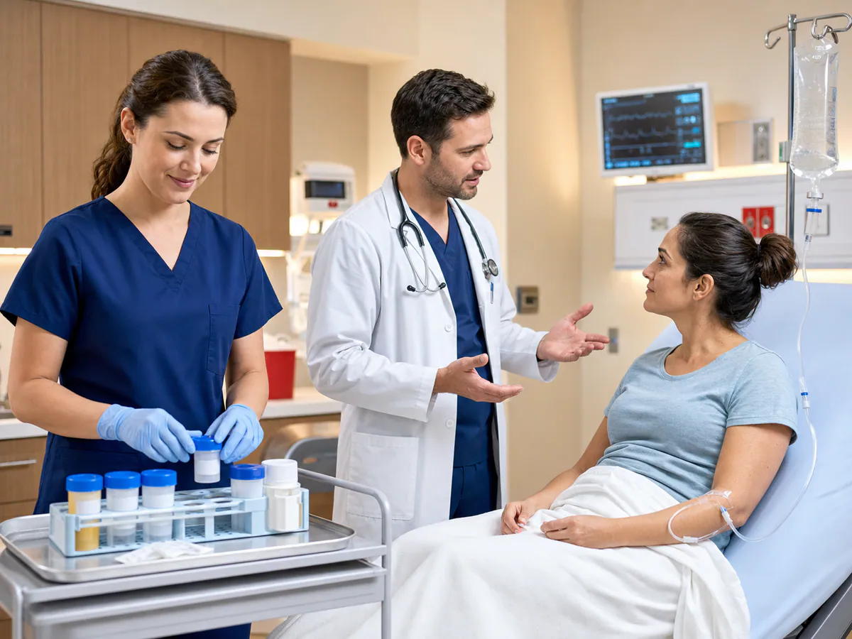 Emergency physician discussing treatment while a nurse prepares laboratory samples and IV hydration
