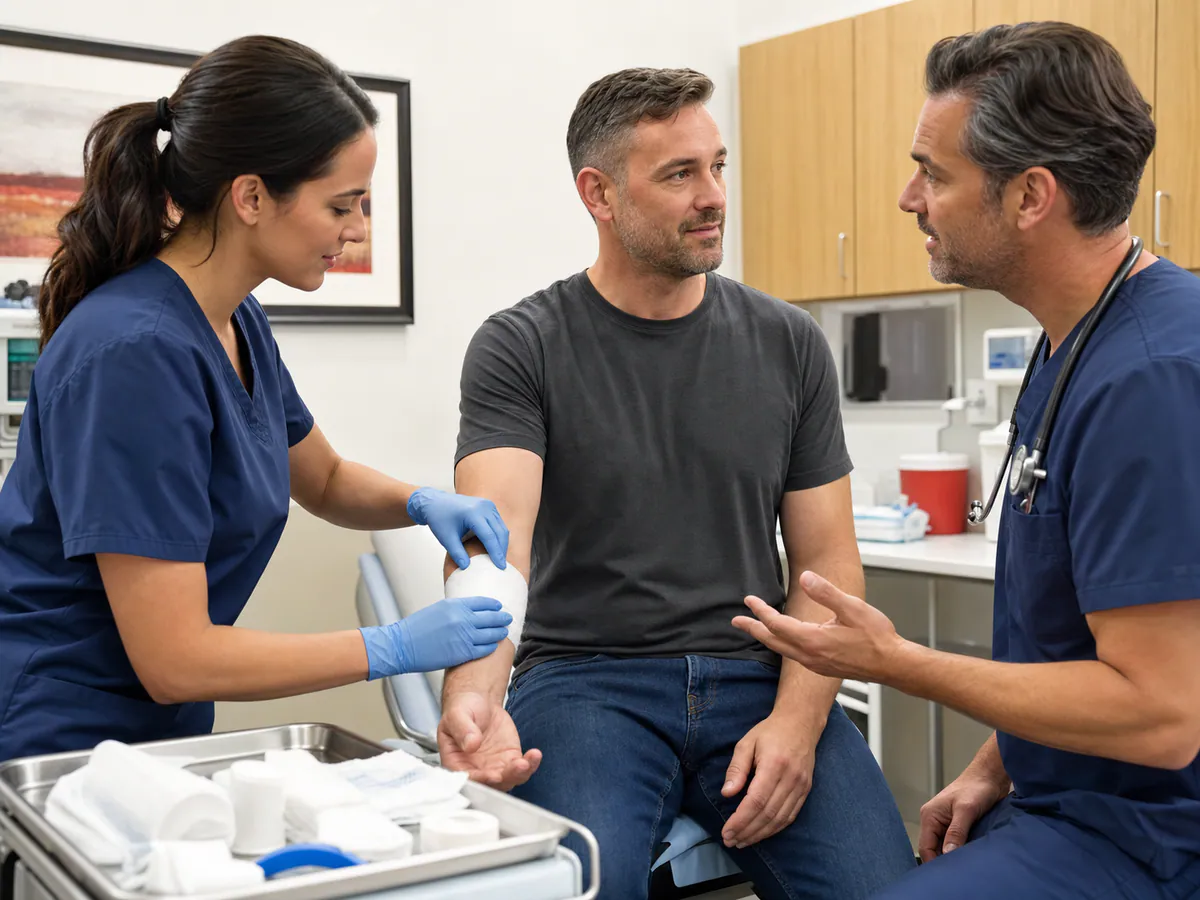 Emergency nurse dressing an arm wound while a physician explains treatment