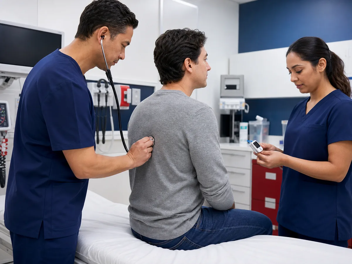 Emergency physician listening to a patient's lungs during a respiratory evaluation