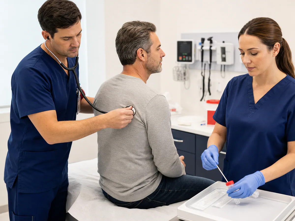 Physician listening to a patient's lungs while a nurse prepares respiratory testing